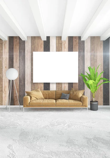 Beyaz yatak odası en az stil iç tasarım ahşap duvar ve karanlık Kanepeli. 3D render. 3D çizim