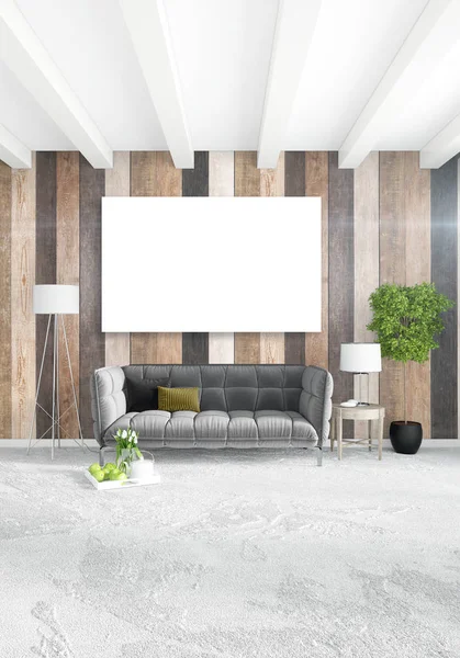 Minste interiørdesign med trevegg og grå sofa. 3D-gjengivelse. 3D-illustrasjon – stockfoto