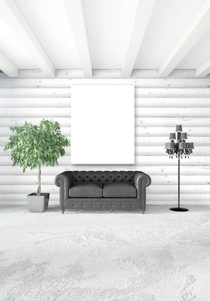 Beyaz yatak odası en az stil iç tasarım ahşap duvar ve karanlık Kanepeli. 3D render. 3D çizim