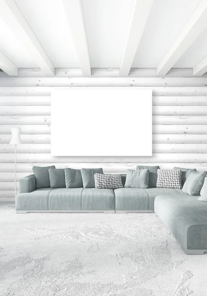 Dormitorio blanco de estilo minimalista Diseño interior con pared de madera y sofá gris. Representación 3D. Ilustración 3D — Foto de Stock