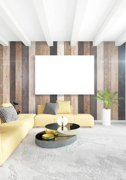 En az yatak odası iç tasarım ahşap duvar, sarı kanepe ve boş bir çerçeve içine boşaltmak. 3D render. 3D çizim
