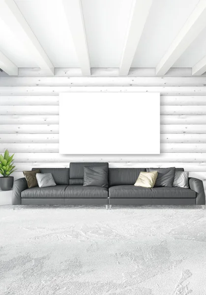 Beyaz yatak odası en az stil iç tasarım ahşap duvar ve karanlık Kanepeli. 3D render. 3D çizim