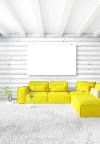 En az yatak odası iç tasarım ahşap duvar, sarı kanepe ve boş bir çerçeve içine boşaltmak. 3D render. 3D çizim