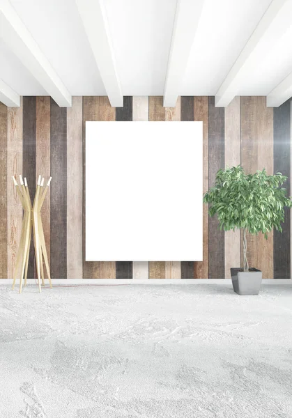 Beyaz yatak odası en az iç tasarım ahşap duvar ve boş bir çerçeve içine boşaltmak. 3D render. 3D çizim