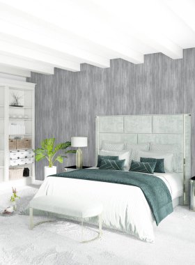 Modern çatı iç yatak odası veya oturma odası alanı ile eklektik duvar ile. 3D render.