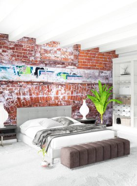 Modern çatı iç yatak odası veya oturma odası alanı ile eklektik duvar ile. 3D render.