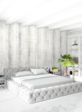 Modern çatı iç yatak odası veya oturma odası alanı ile eklektik duvar ile. 3D render.