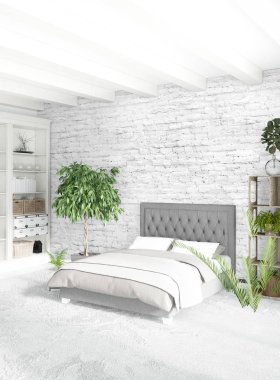 Modern çatı iç yatak odası veya oturma odası alanı ile eklektik duvar ile. 3D render.