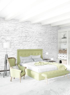 Modern çatı iç yatak odası veya oturma odası alanı ile eklektik duvar ile. 3D render.