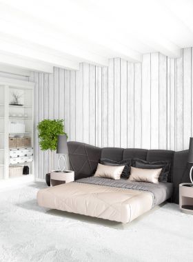 Modern çatı iç yatak odası veya oturma odası alanı ile eklektik duvar ile. 3D render.