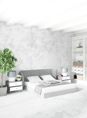 Modern çatı iç yatak odası veya oturma odası alanı ile eklektik duvar ile. 3D render.