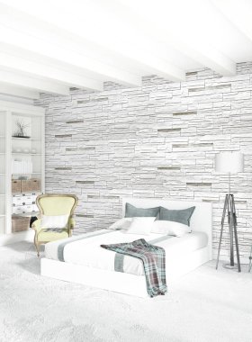 Modern çatı iç yatak odası veya oturma odası alanı ile eklektik duvar ile. 3D render.