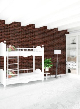 Modern çatı iç bebek odası veya kreş alanı ile eklektik duvar ile. 3D render.