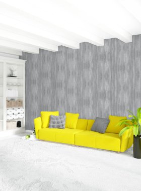 Modern çatı iç yatak odası veya oturma odası alanı ile eklektik duvar ile. 3D render.