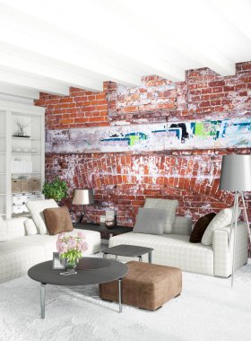 Modern çatı iç yatak odası veya oturma odası alanı ile eklektik duvar ile. 3D render.