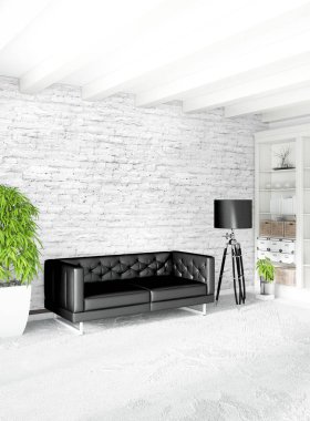 Modern çatı iç yatak odası veya oturma odası alanı ile eklektik duvar ile. 3D render.