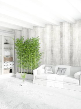 Modern çatı iç yatak odası veya oturma odası alanı ile eklektik duvar ile. 3D render.