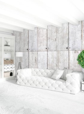 Modern çatı iç yatak odası veya oturma odası alanı ile eklektik duvar ile. 3D render.