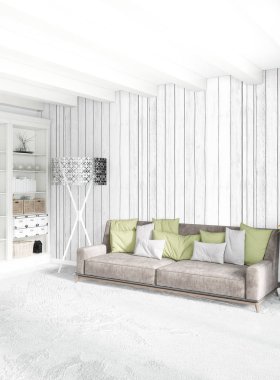 Modern çatı iç yatak odası veya oturma odası alanı ile eklektik duvar ile. 3D render.