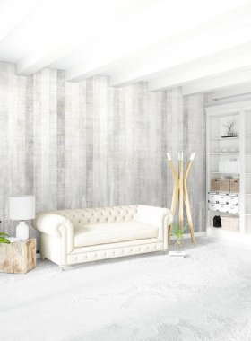 Modern çatı iç yatak odası veya oturma odası alanı ile eklektik duvar ile. 3D render.