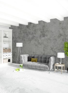 Modern çatı iç yatak odası veya oturma odası alanı ile eklektik duvar ile. 3D render.