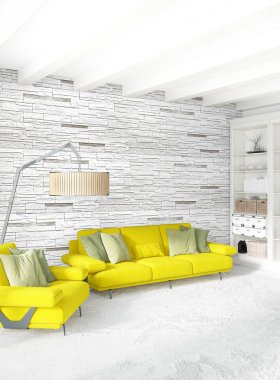 Modern çatı iç yatak odası veya oturma odası alanı ile eklektik duvar ile. 3D render.