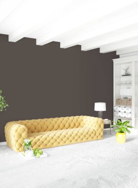 Modern çatı iç yatak odası veya oturma odası alanı ile eklektik duvar ile. 3D render.