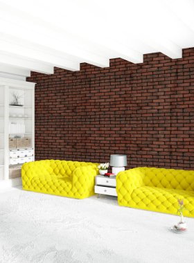 Modern çatı iç yatak odası veya oturma odası alanı ile eklektik duvar ile. 3D render.