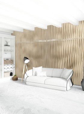 Modern çatı iç yatak odası veya oturma odası alanı ile eklektik duvar ile. 3D render.