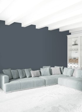 Modern çatı iç yatak odası veya oturma odası alanı ile eklektik duvar ile. 3D render.