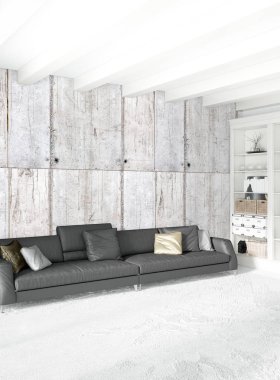 Modern çatı iç yatak odası veya oturma odası alanı ile eklektik duvar ile. 3D render.