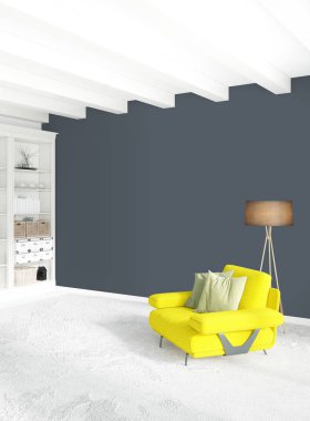 Modern çatı iç yatak odası veya oturma odası alanı ile eklektik duvar ile. 3D render.