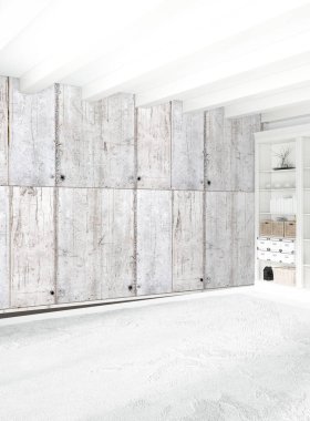 Modern çatı iç yatak odası veya oturma odası alanı ile eklektik duvar ile. 3D render.