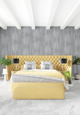 Modern çatı iç yatak odası veya oturma odası alanı ile eklektik duvar ile. 3D render.