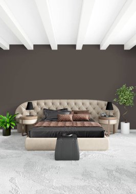 Modern çatı iç yatak odası veya oturma odası alanı ile eklektik duvar ile. 3D render.