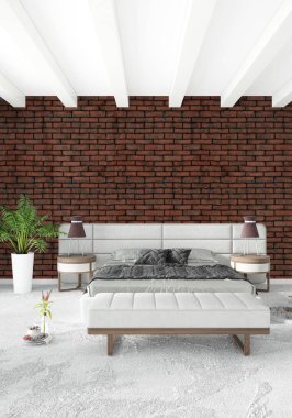 Modern çatı iç yatak odası veya oturma odası alanı ile eklektik duvar ile. 3D render.