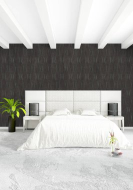 Modern çatı iç yatak odası veya oturma odası alanı ile eklektik duvar ile. 3D render.