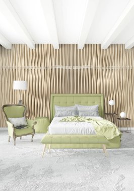 Modern çatı iç yatak odası veya oturma odası alanı ile eklektik duvar ile. 3D render.