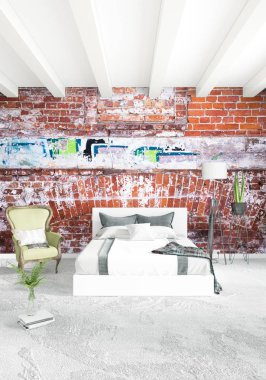 Modern çatı iç yatak odası veya oturma odası alanı ile eklektik duvar ile. 3D render.