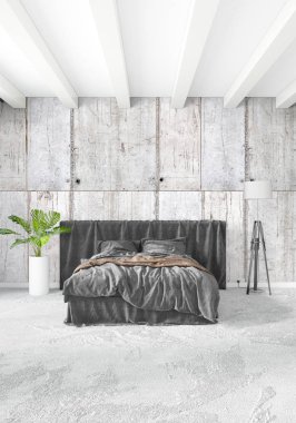 Modern çatı iç yatak odası veya oturma odası alanı ile eklektik duvar ile. 3D render.