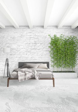 Modern çatı iç yatak odası veya oturma odası alanı ile eklektik duvar ile. 3D render.