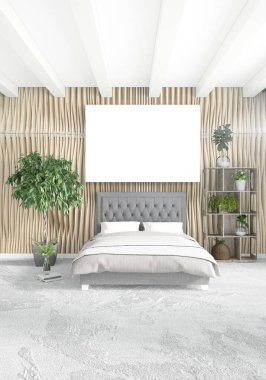 Dikey modern iç yatak odası veya oturma odası eklektik duvar ve boş çerçeve çizim boşaltmak için. 3D render