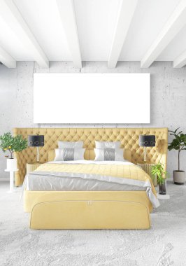 Dikey modern iç yatak odası veya oturma odası eklektik duvar ve boş çerçeve çizim boşaltmak için. 3D render