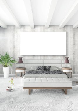 Dikey modern iç yatak odası veya oturma odası eklektik duvar ve boş çerçeve çizim boşaltmak için. 3D render