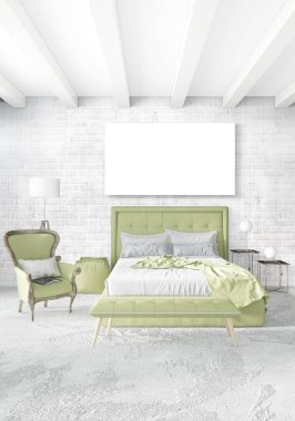 Dikey modern iç yatak odası veya oturma odası eklektik duvar ve boş çerçeve çizim boşaltmak için. 3D render