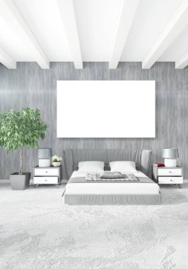 Dikey modern iç yatak odası veya oturma odası eklektik duvar ve boş çerçeve çizim boşaltmak için. 3D render