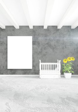 Dikey modern iç yatak odası veya oturma odası eklektik duvar ve boş çerçeve çizim boşaltmak için. 3D render