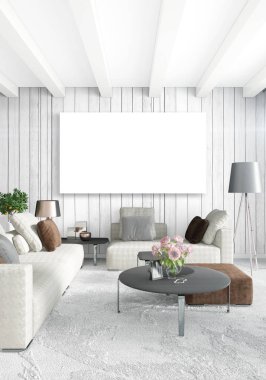 Dikey modern iç yatak odası veya oturma odası eklektik duvar ve boş çerçeve çizim boşaltmak için. 3D render