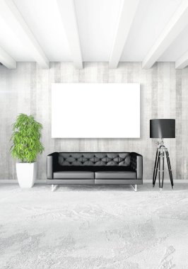 Dikey modern iç yatak odası veya oturma odası eklektik duvar ve boş çerçeve çizim boşaltmak için. 3D render