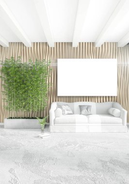 Dikey modern iç yatak odası veya oturma odası eklektik duvar ve boş çerçeve çizim boşaltmak için. 3D render